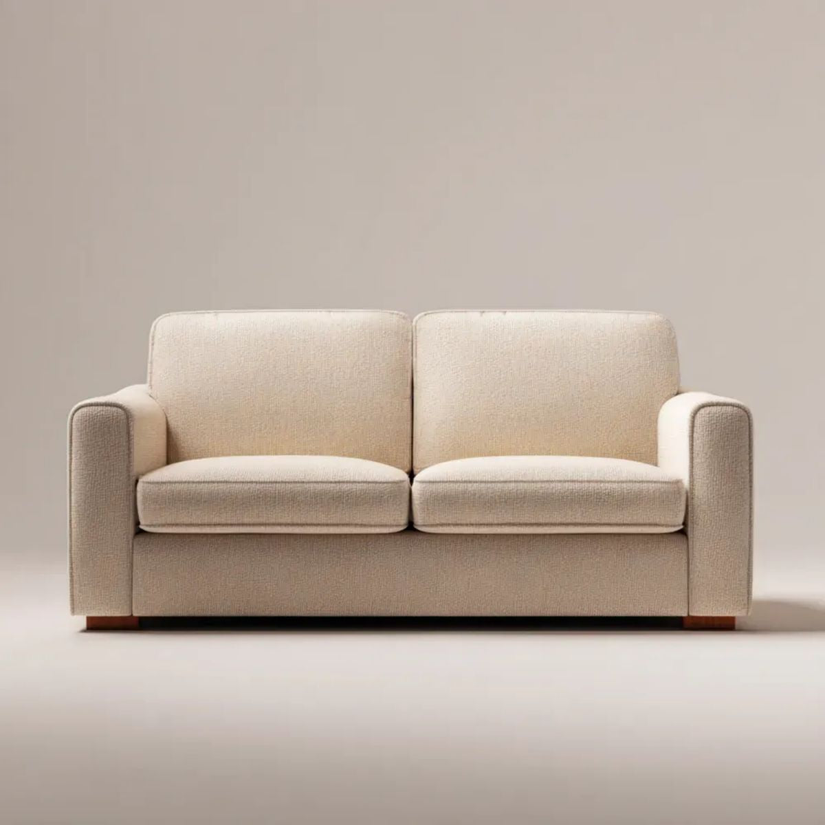 Beżowa sofa dwuosobowa tapicerowana poliestrem z drewnianymi nogami 170 x 88 x 82 cm