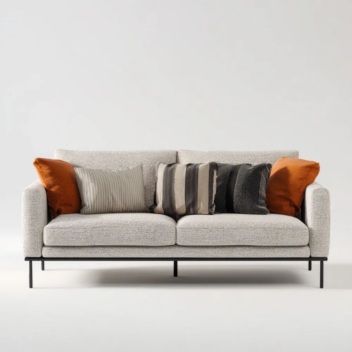 Trzyosobowa sofa jasnoszara z tapicerką poliestrową i stalowymi nogami, 200 x 90 x 82 cm