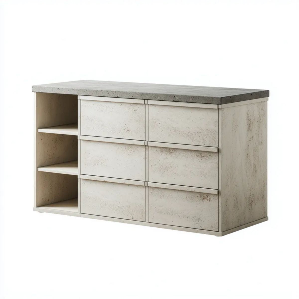 Komoda z 6 szufladami i 3 półkami z płyty MDF, kremowo-szara, 120 × 40 × 75 cm