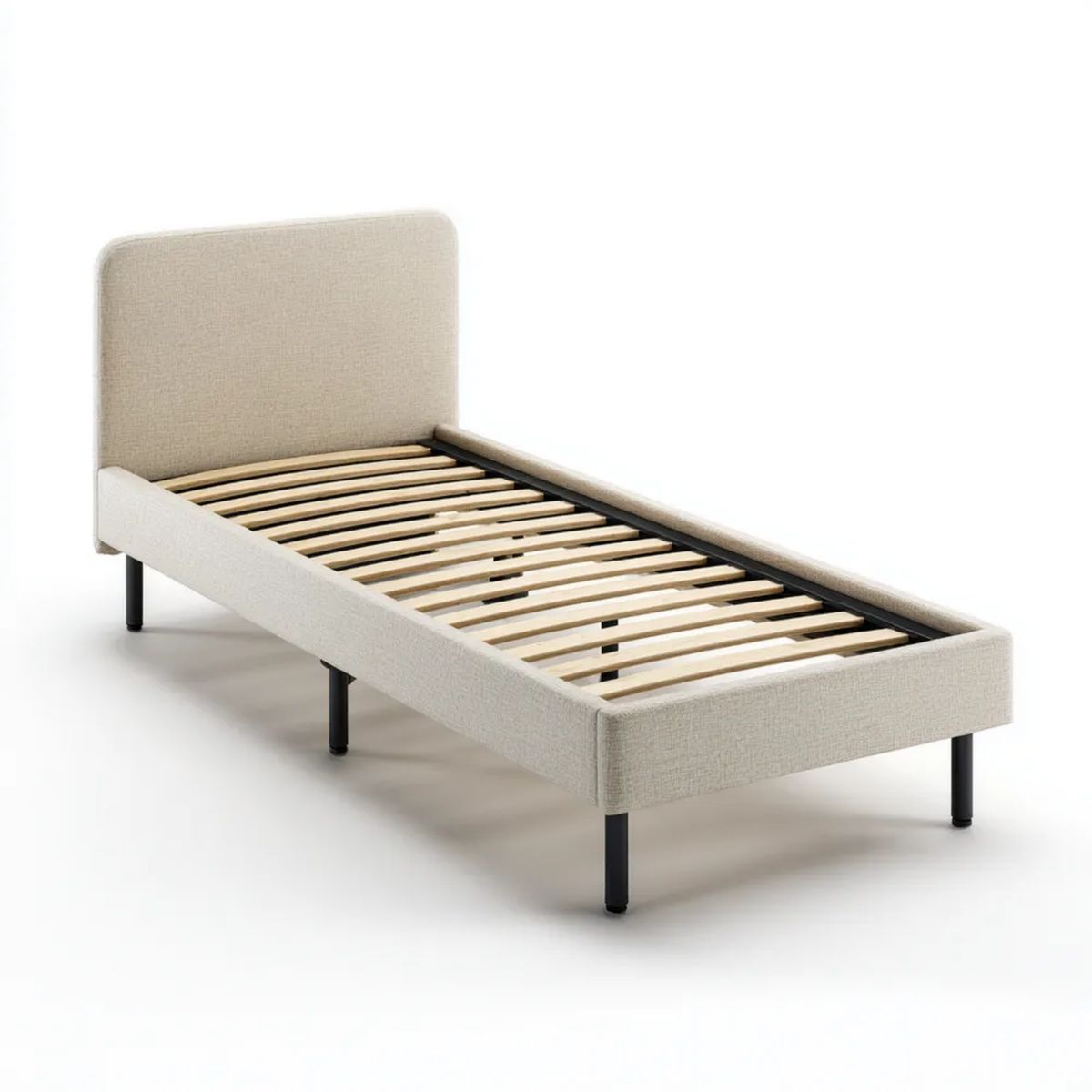 Łóżko jednoosobowe tapicerowane beżowe z drewnianym stelażem 90 x 200 cm