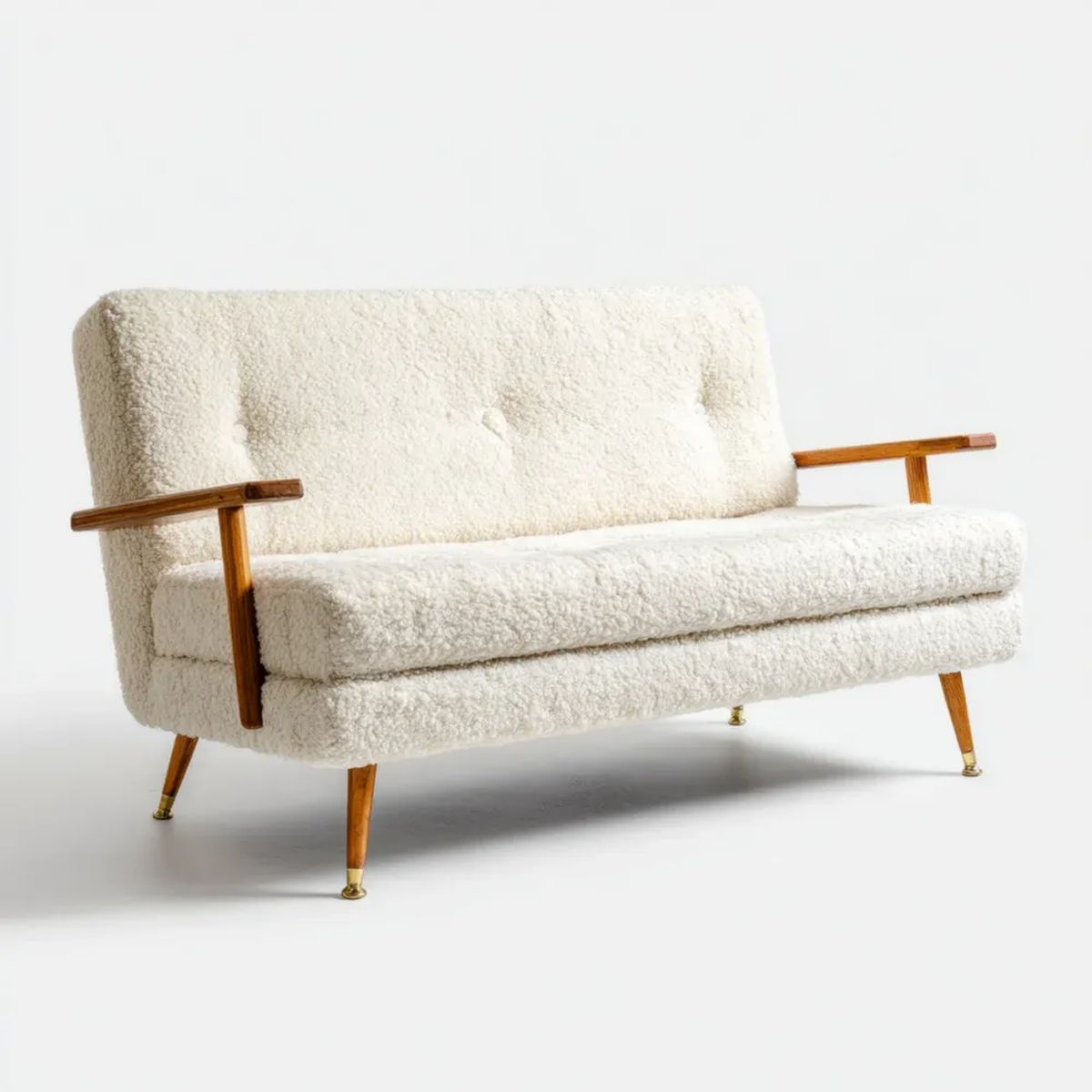 Kremowa sofa dwuosobowa z tapicerką bouclé i drewnianymi podłokietnikami, 130 × 75 × 82 cm