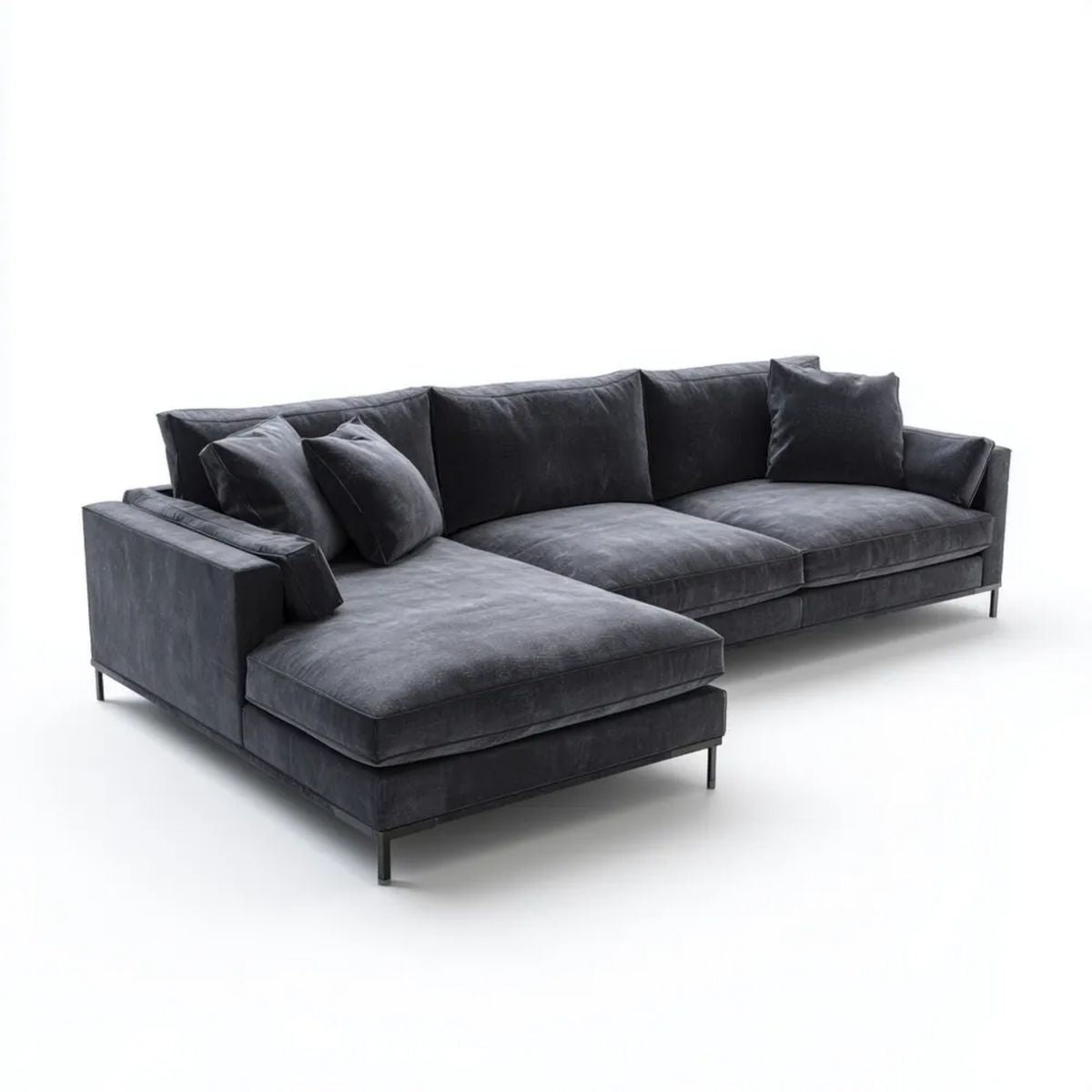 Grafitowa sofa narożna z lewym szezlongiem, aksamitna, 285 × 170 × 85 cm
