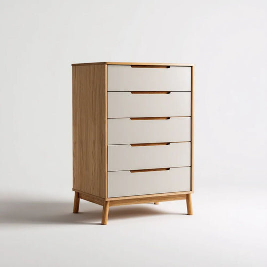 Komoda z 5 szufladami z płyty MDF i drewna kauczukowego, beżowo-dębowa, 80 × 40 × 110 cm