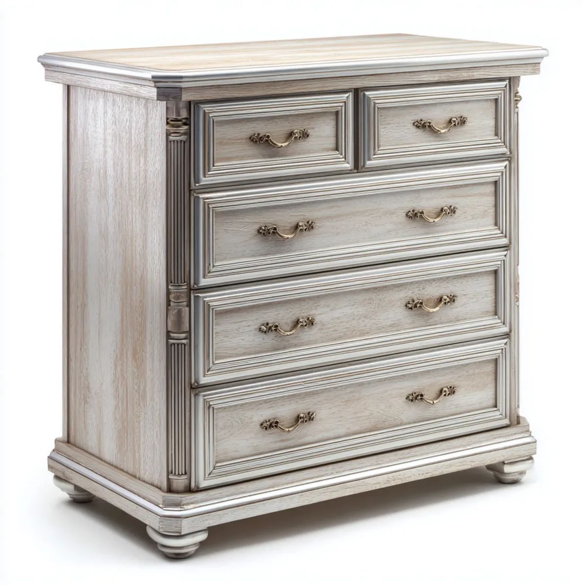 Drewniana komoda z 5 szufladami w kolorze bielonego dębu, 100 × 45 × 110 cm
