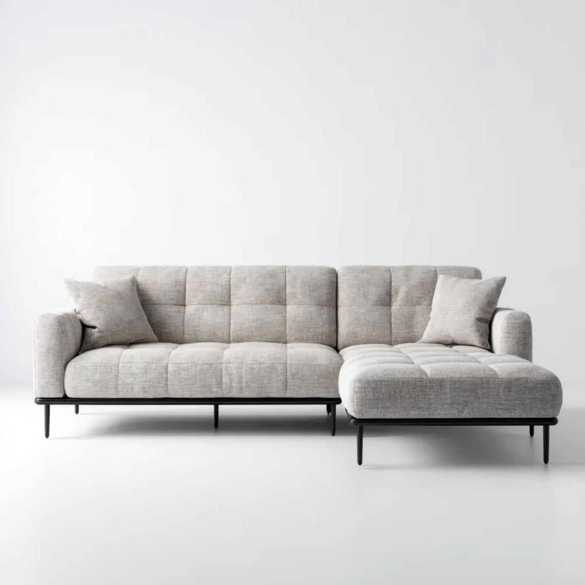 Szara sofa narożna w kształcie L z prawostronnym szezlongiem, tapicerowana tkaniną, 250 × 160 × 85 cm