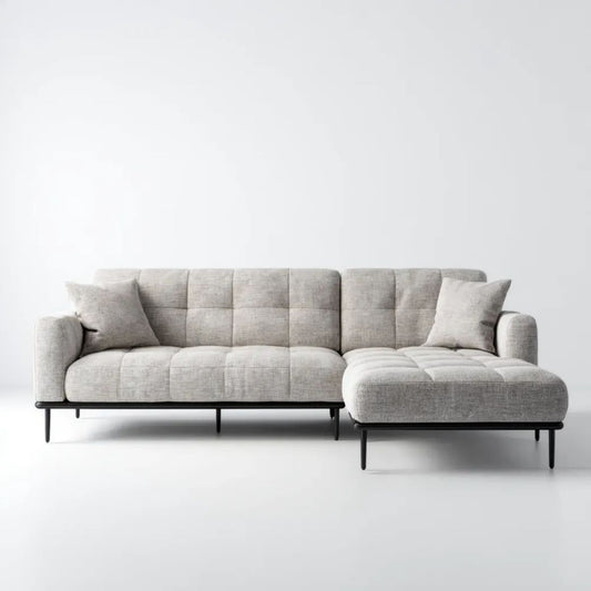 Szara sofa narożna w kształcie L z prawostronnym szezlongiem, tapicerowana tkaniną, 250 × 160 × 85 cm