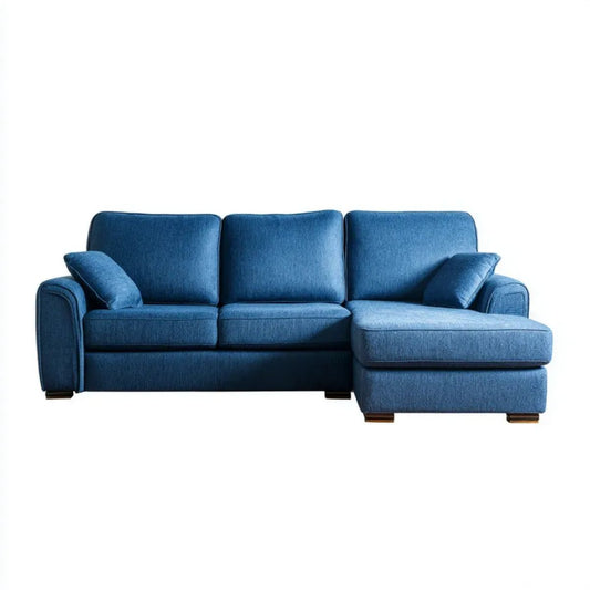 Granatowa sofa narożna z prawostronnym szezlongiem, tapicerowana poliestrem, 245 × 160 × 85 cm