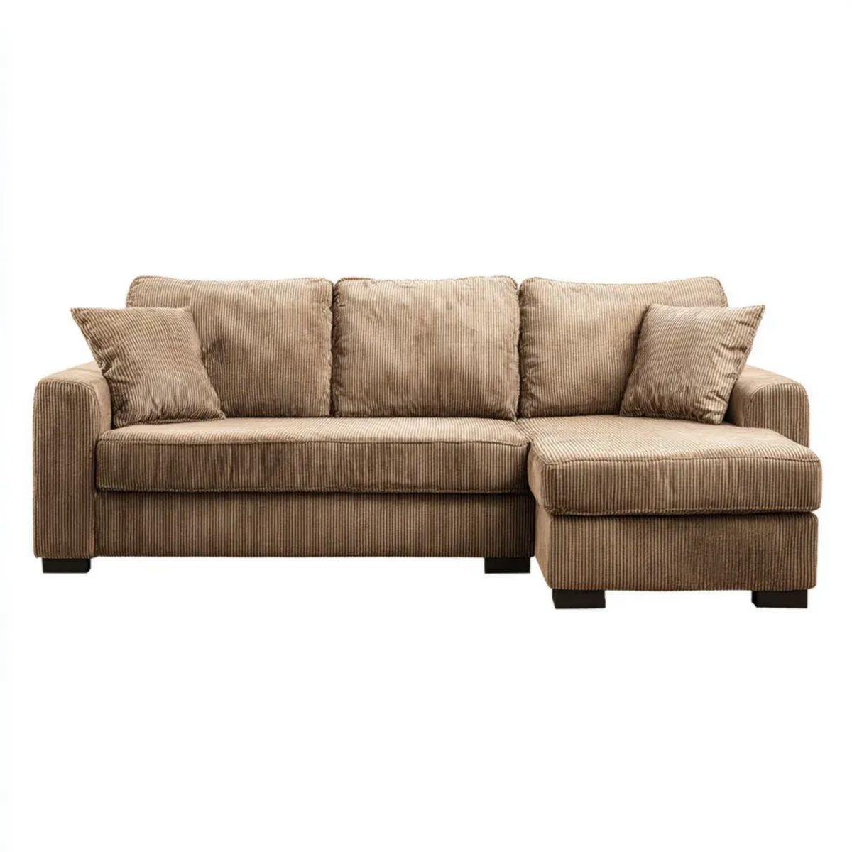 Beżowa sofa narożna z szezlongiem z poliestru sztruksowego, prawostronna, 240 x 160 x 88 cm