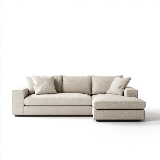 Beżowa sofa narożna w kształcie litery L z prawostronnym szezlongiem, tapicerka poliestrowa, 280 × 170 × 85 cm