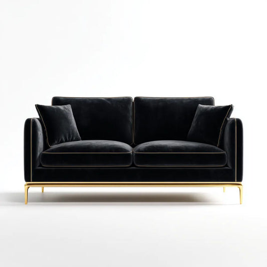 Sofa dwuosobowa czarna z aksamitu poliestrowego ze złotą stalową podstawą 180 x 85 x 82 cm