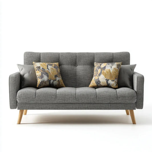 Trzyosobowa sofa szara z tapicerką poliestrową i drewnianymi nogami, 210 x 85 x 88 cm
