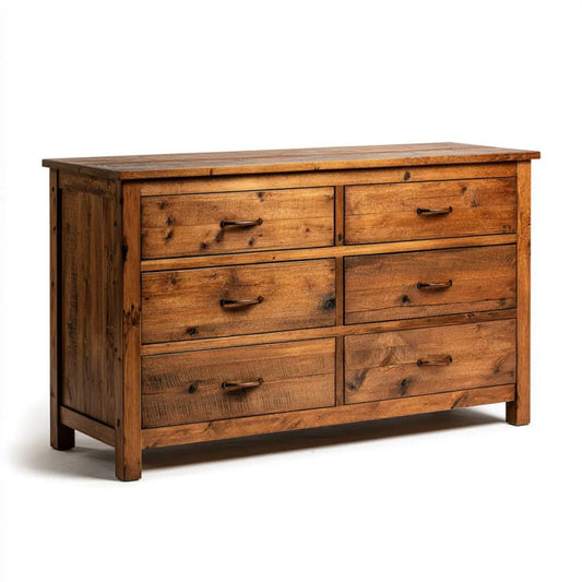 Brązowa drewniana komoda rustykalna z 6 szufladami, 140 x 45 x 85 cm
