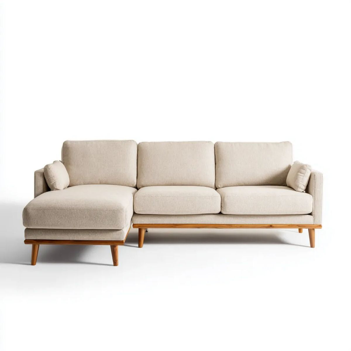 Lewostronna sofa narożna z leżanką, beżowa, tapicerka poliestrowa, drewniana podstawa, 240 × 150 × 85 cm