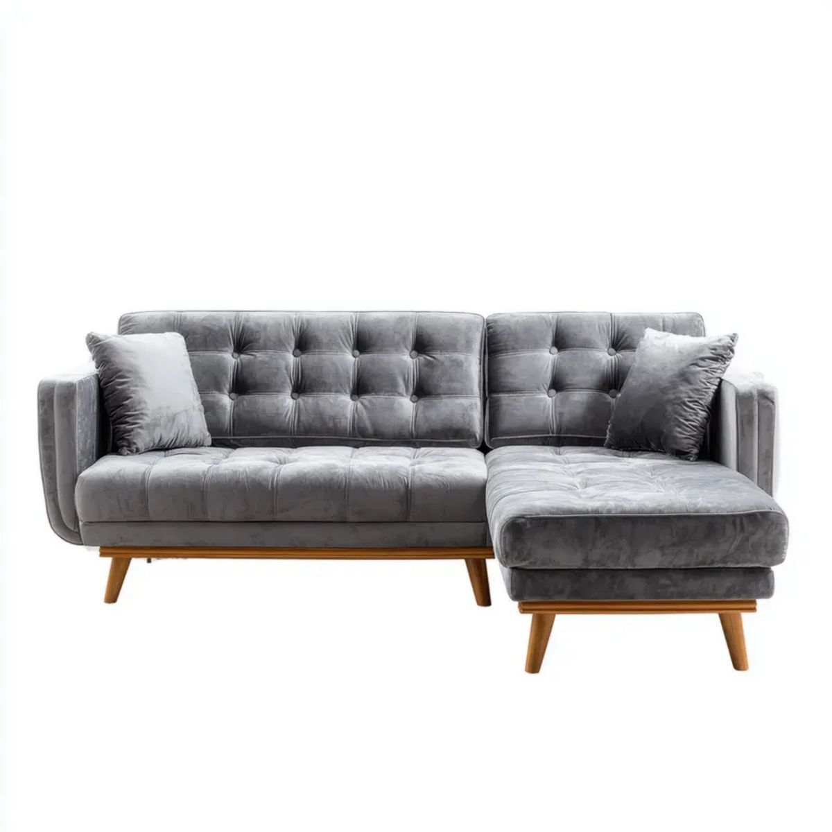 Prawostronna sofa narożna z szezlongiem, szara z brązowymi drewnianymi nogami, 230 × 150 × 85 cm