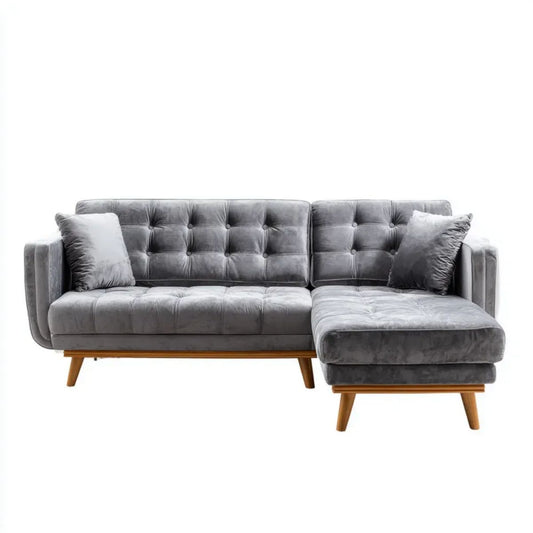 Prawostronna sofa narożna z szezlongiem, szara z brązowymi drewnianymi nogami, 230 × 150 × 85 cm