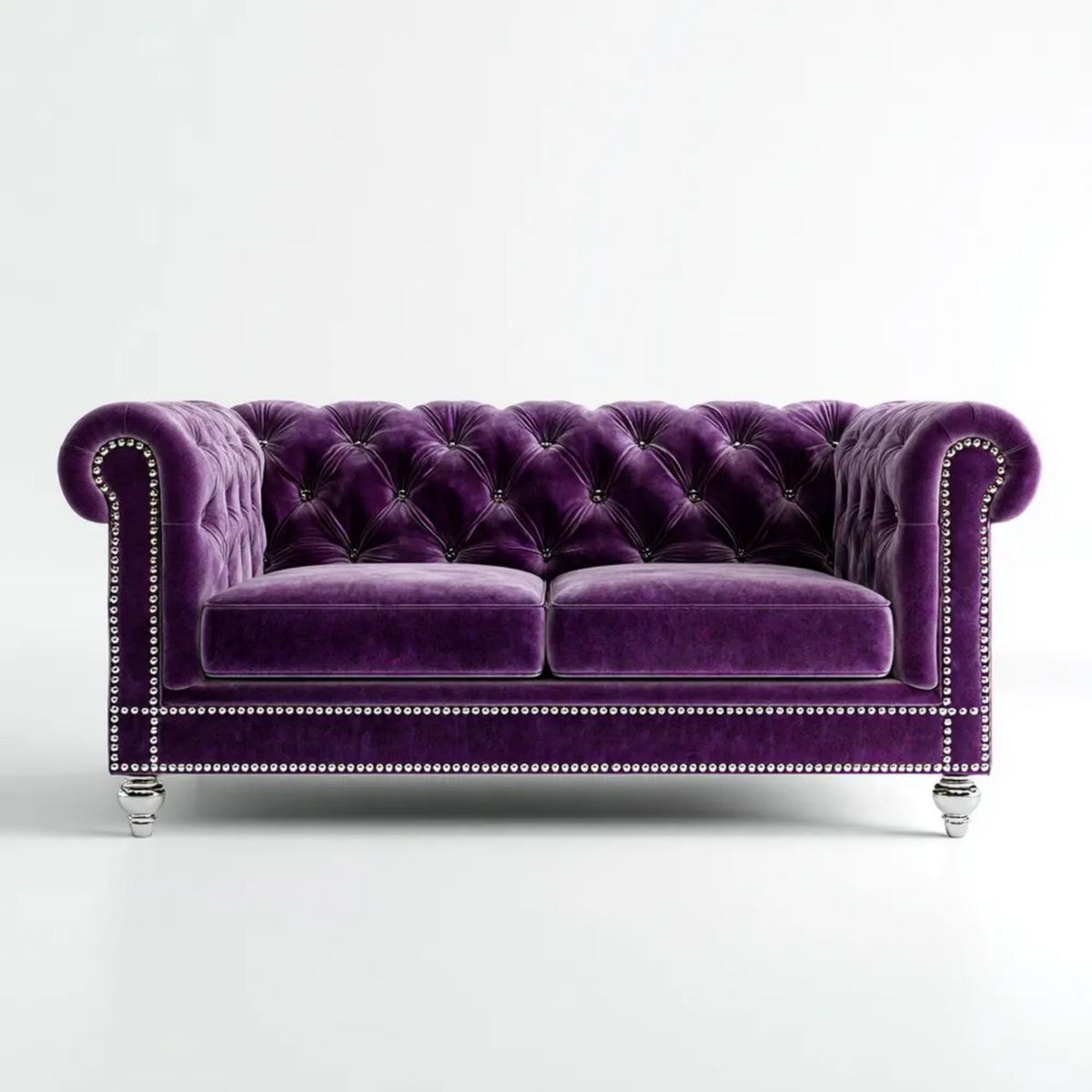 Dwuosobowa sofa Chesterfield z aksamitu, fioletowa ze srebrnymi detalami, 180 x 85 x 75 cm