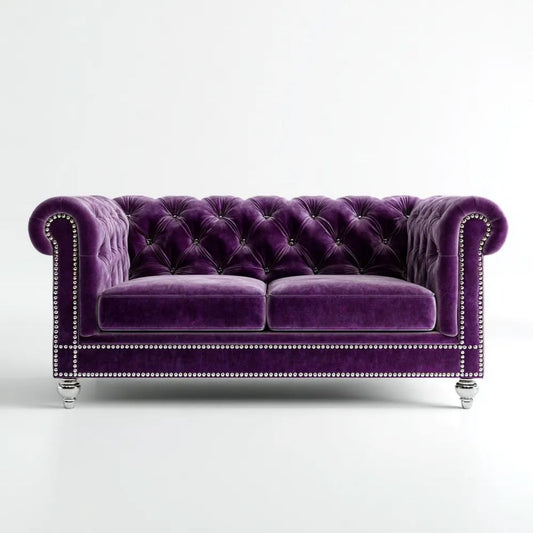 Dwuosobowa sofa Chesterfield z aksamitu, fioletowa ze srebrnymi detalami, 180 x 85 x 75 cm