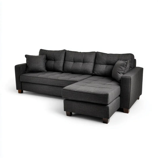 Grafitowa sofa narożna z tkaniny w kształcie L z prawostronnym szezlongiem, 230 x 150 x 90 cm