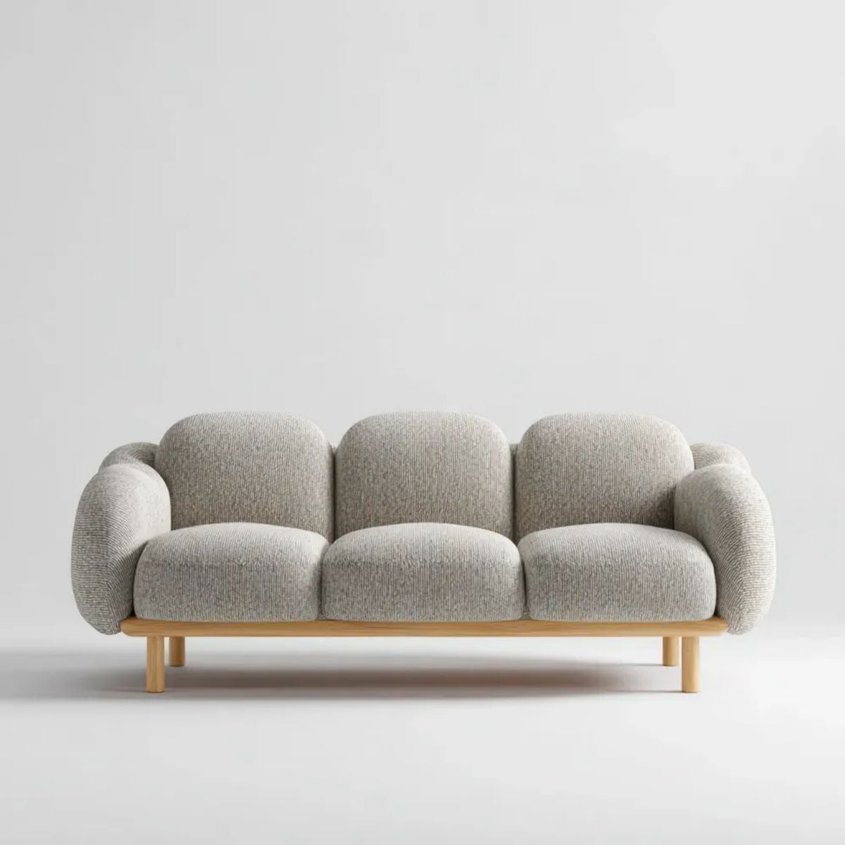 Trzyosobowa sofa tapicerowana jasnoszara z drewnianą podstawą, 220 x 90 x 78 cm