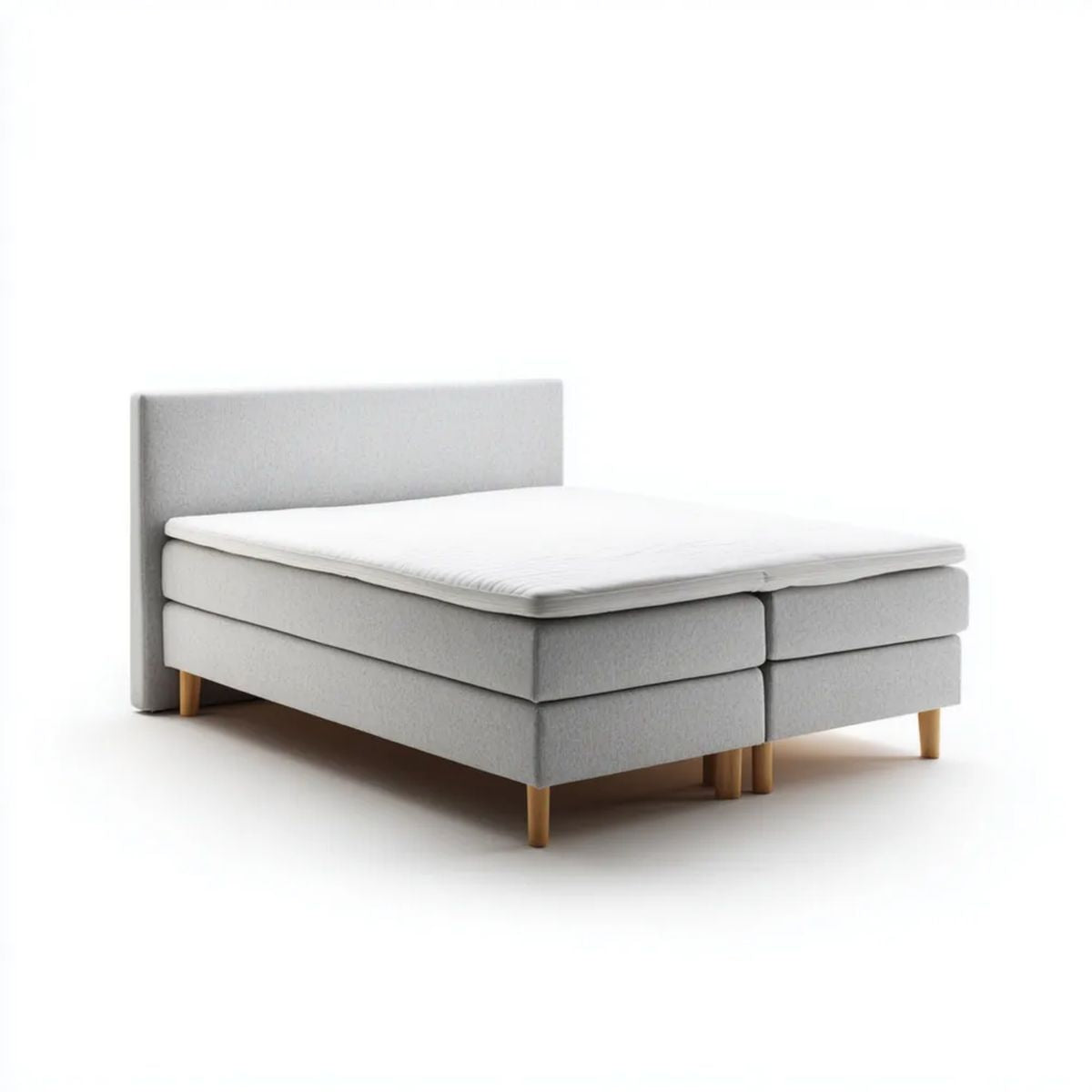 Dwuosobowe łóżko kontynentalne tapicerowane jasnoszare 180 x 200 cm z materacem i topperem