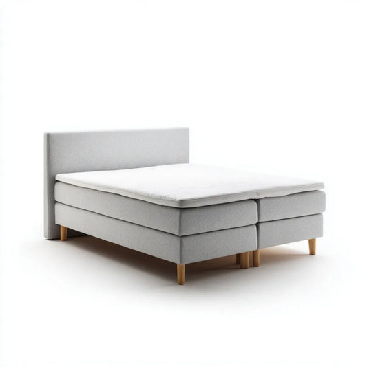 Dwuosobowe łóżko kontynentalne tapicerowane jasnoszare 180 x 200 cm z materacem i topperem